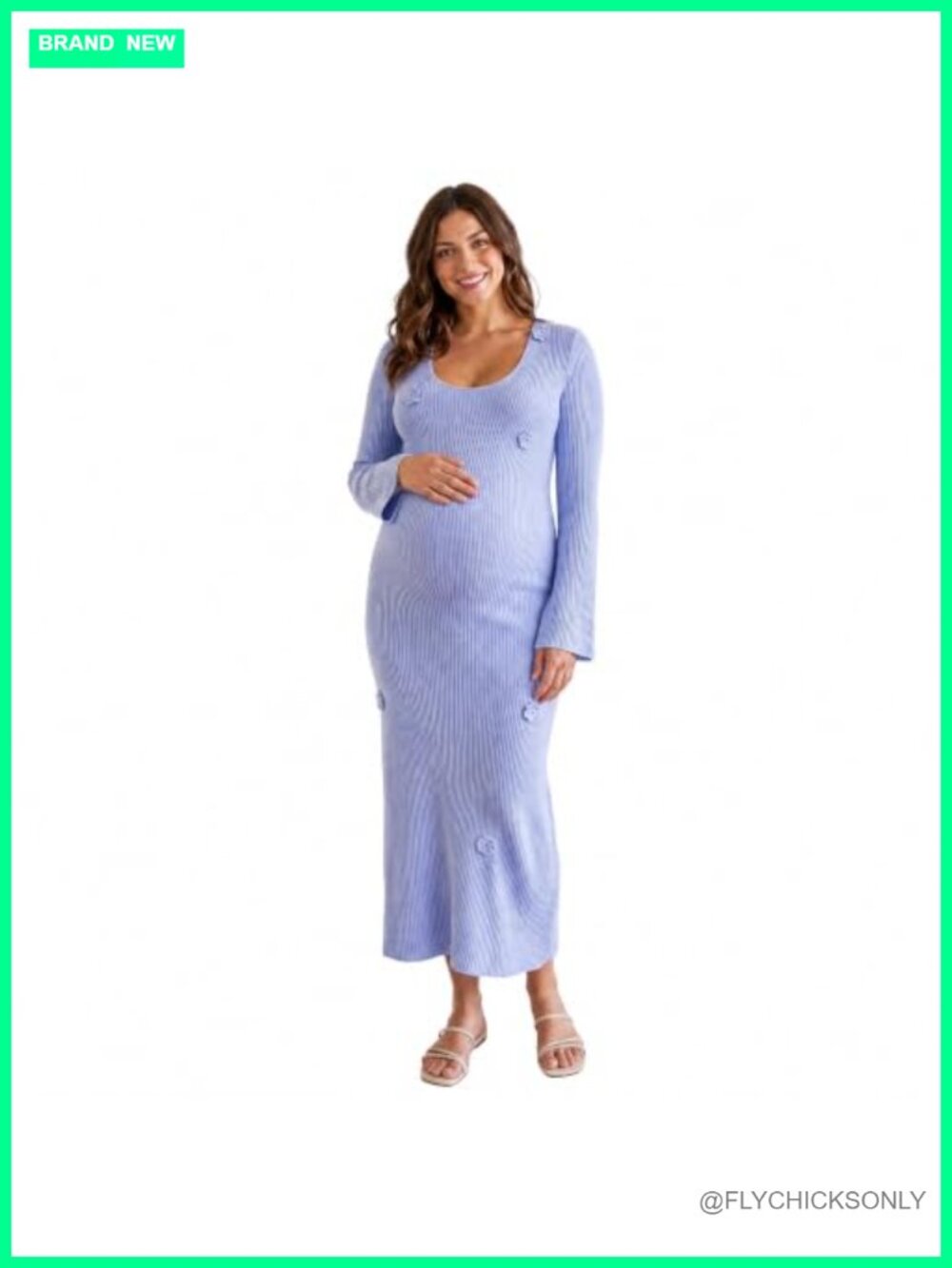 Ribbed Knit Maternity Maxi Dress V Neck Bell Sleeve Bodycon